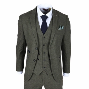 Men's Olive Green Wool Blend Tweed Formal Suit