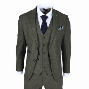 Men's Olive Green Wool Blend Tweed Formal Suit