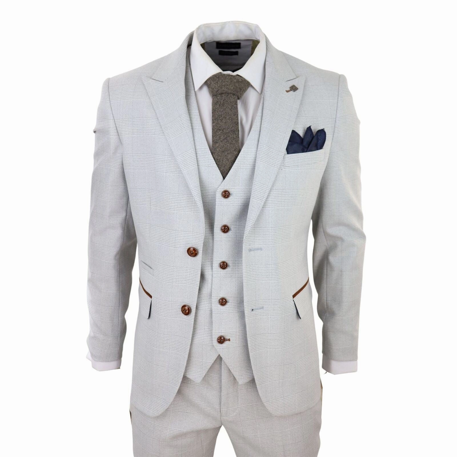 Mens Grey Stone 3 Piece Tweed Check Suit