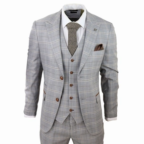 Mens Light Grey 3 Piece Velvet Trims Tailored Fit Suit