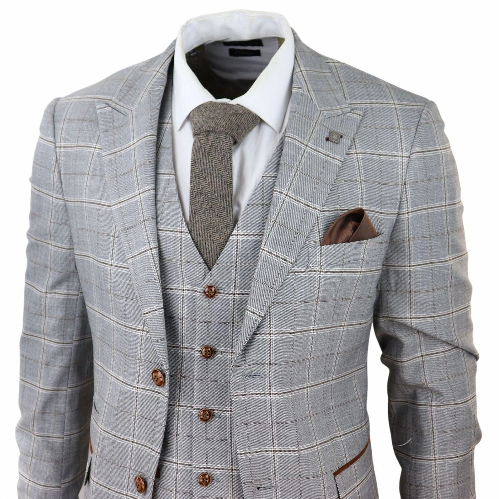 Mens Light Grey 3 Piece Velvet Trims Tailored Fit Suit