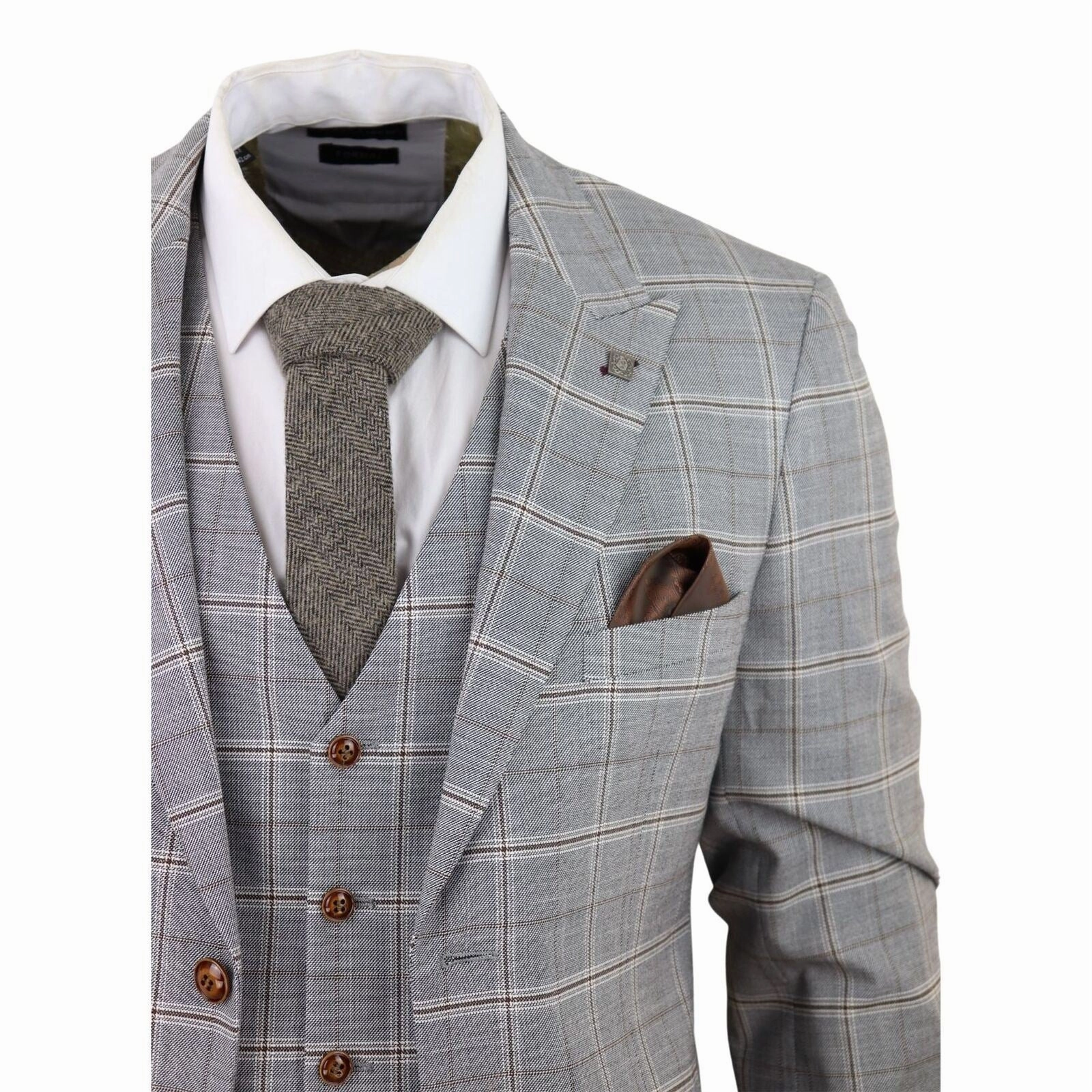 Mens Light Grey 3 Piece Velvet Trims Tailored Fit Suit