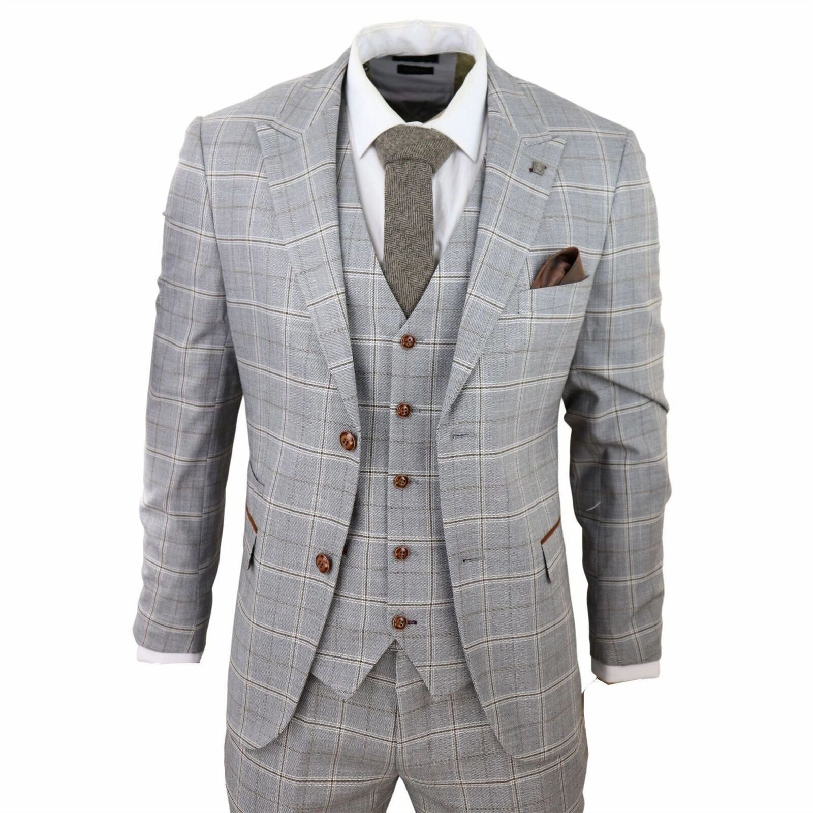 Mens Light Grey 3 Piece Velvet Trims Tailored Fit Suit