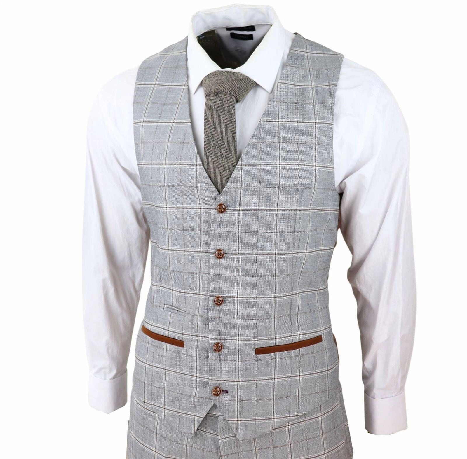 Mens Light Grey 3 Piece Velvet Trims Tailored Fit Suit