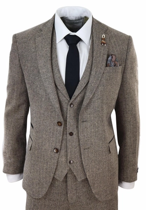 Mens Oak Brown 3 Piece Tweed Suit Vintage Harringbone 1920s Retro Peaky Blinders