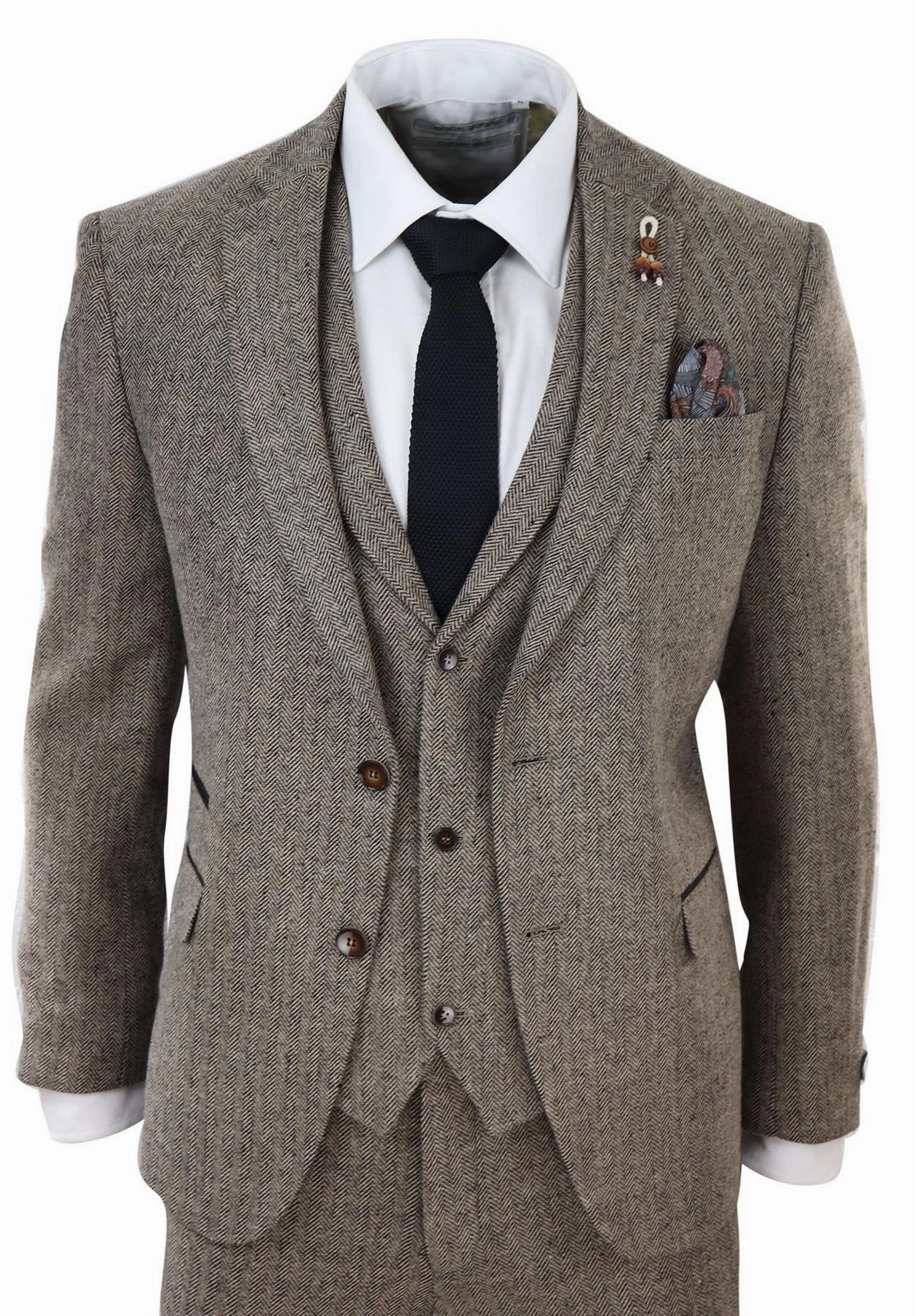 Mens Oak Brown 3 Piece Tweed Suit Vintage Harringbone 1920s Retro Peaky Blinders