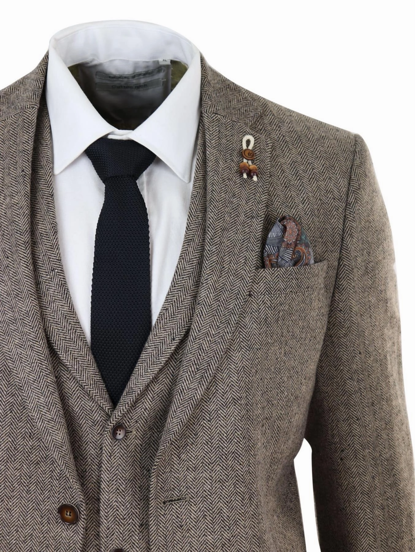 Mens Oak Brown 3 Piece Tweed Suit Vintage Harringbone 1920s Retro Peaky Blinders