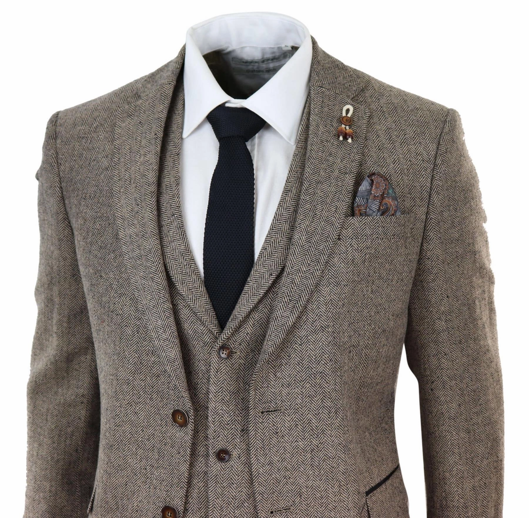 Mens Oak Brown 3 Piece Tweed Suit Vintage Harringbone 1920s Retro Peaky Blinders