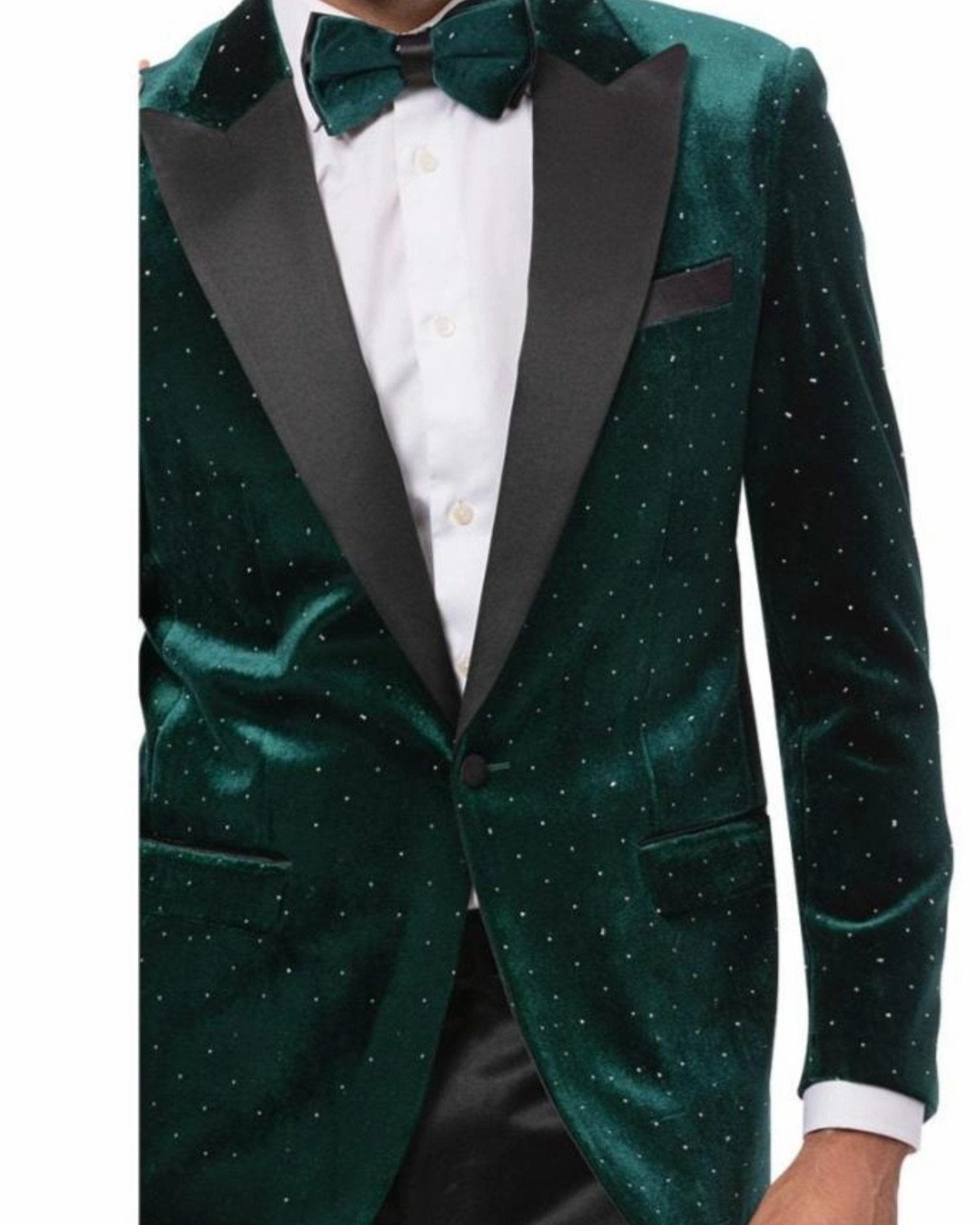 Modern Fit Green Velvet Blazer with Black Satin Lapel & Diamond Studs