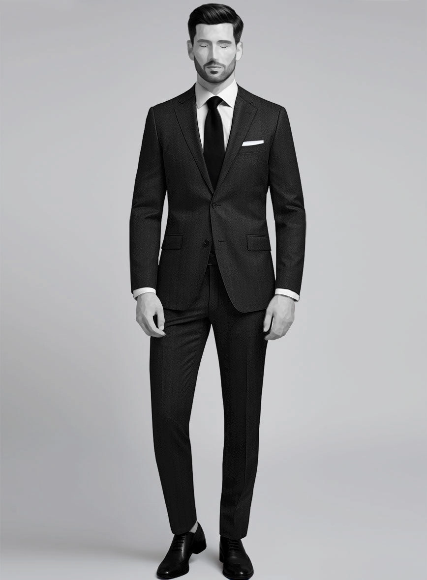 Napolean Curve Black Herringbone Wool Suit