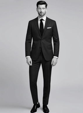 Napolean Curve Black Herringbone Wool Suit
