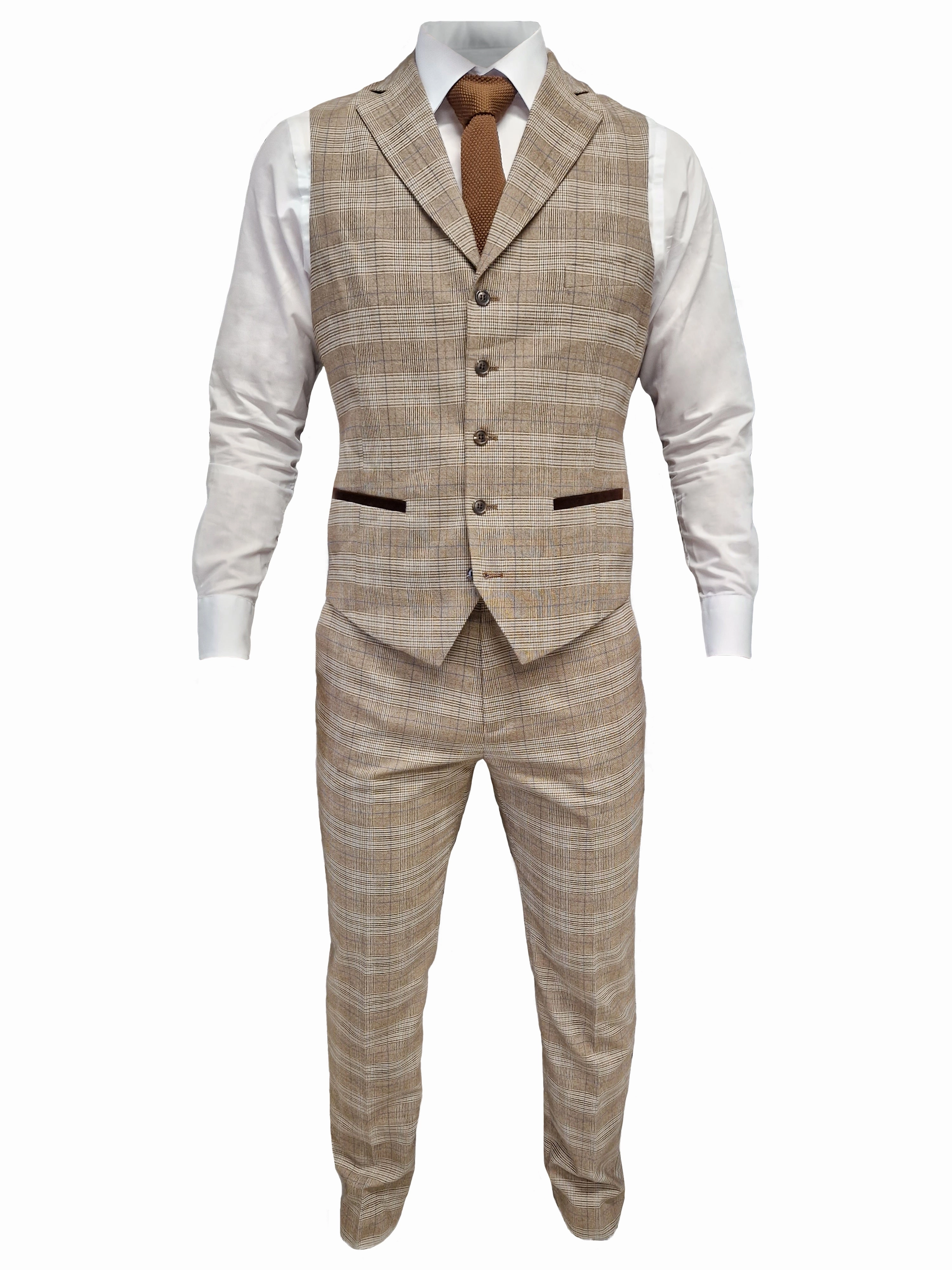 TAVERNY Captain - Men's Three-Piece Checkered Suit in Beige