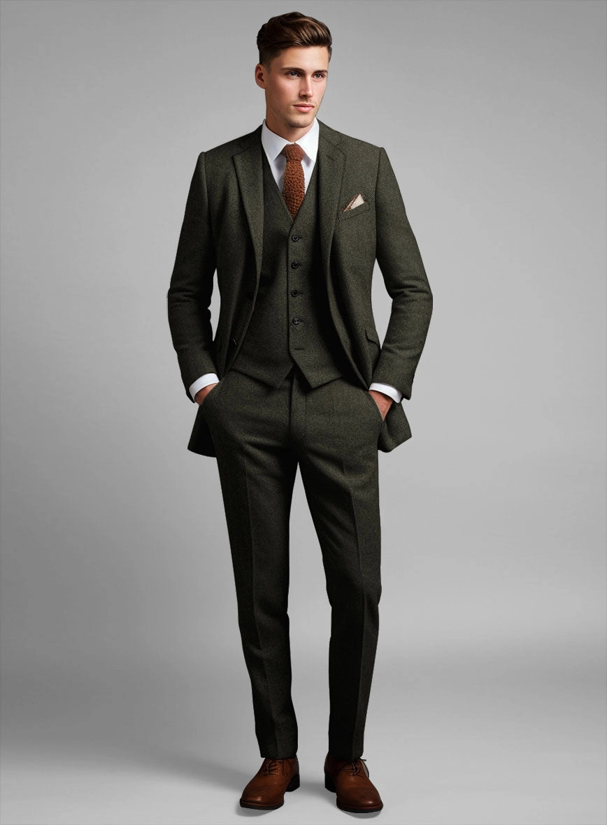 Vintage Flat Green Herringbone Tweed Suit