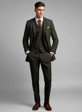 Vintage Flat Green Herringbone Tweed Suit