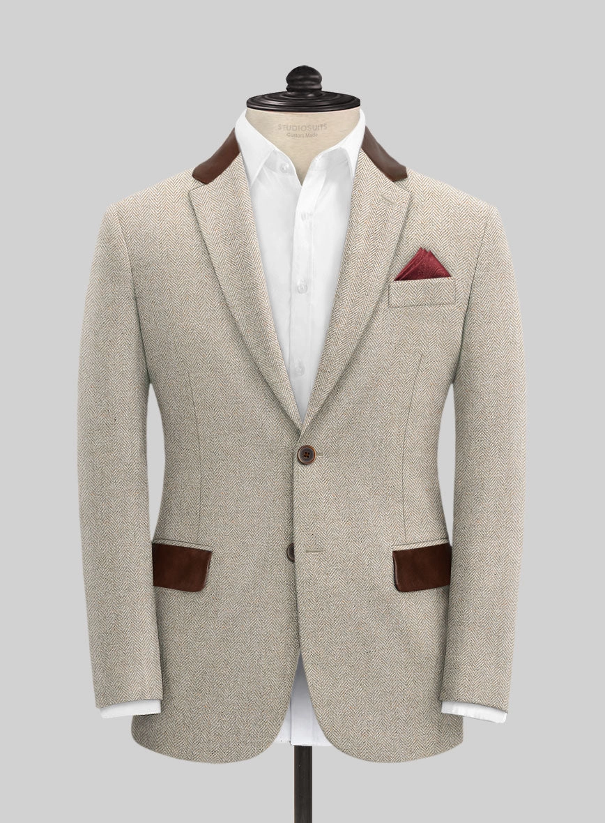 Vintage Herringbone Light Beige Tweed Suit - Leather Trims