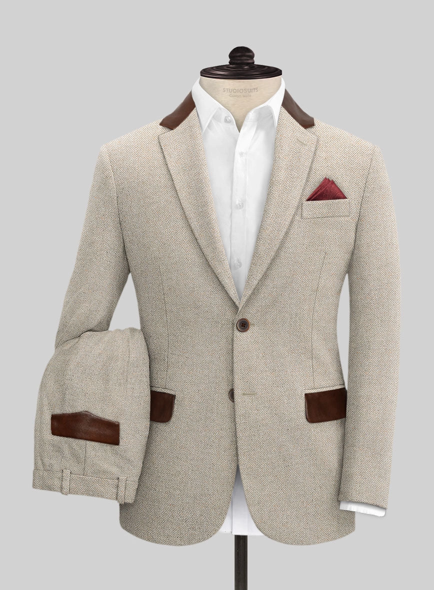 Vintage Herringbone Light Beige Tweed Suit - Leather Trims
