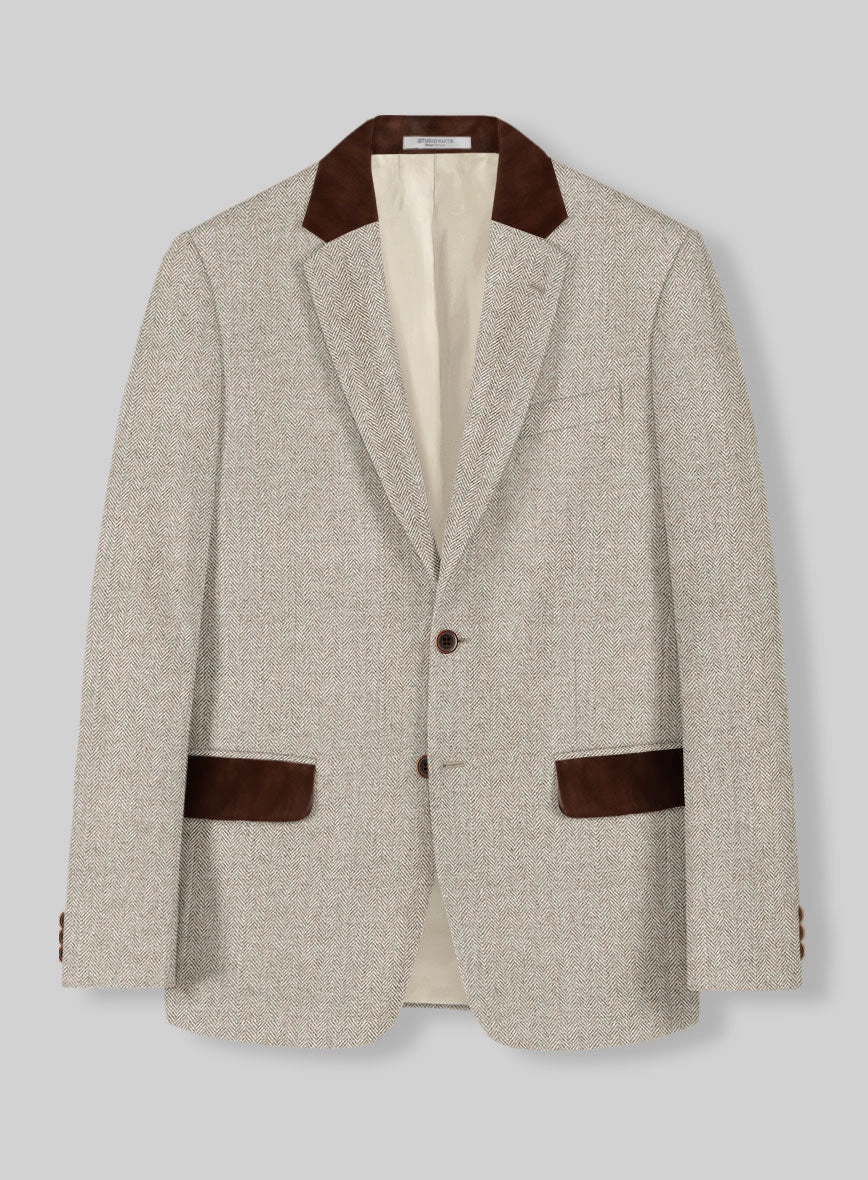 Vintage Herringbone Light Beige Tweed Suit - Leather Trims