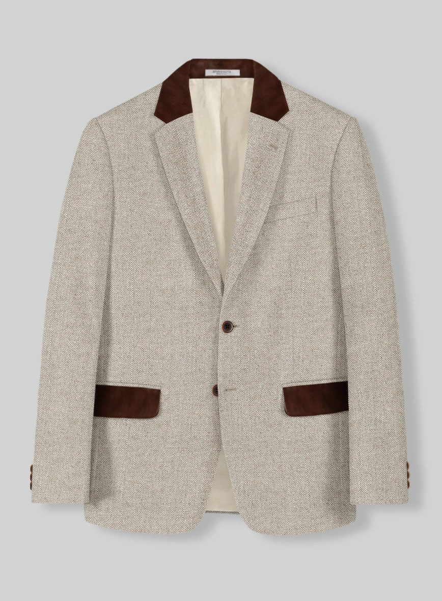 Vintage Herringbone Light Beige Tweed Suit - Leather Trims