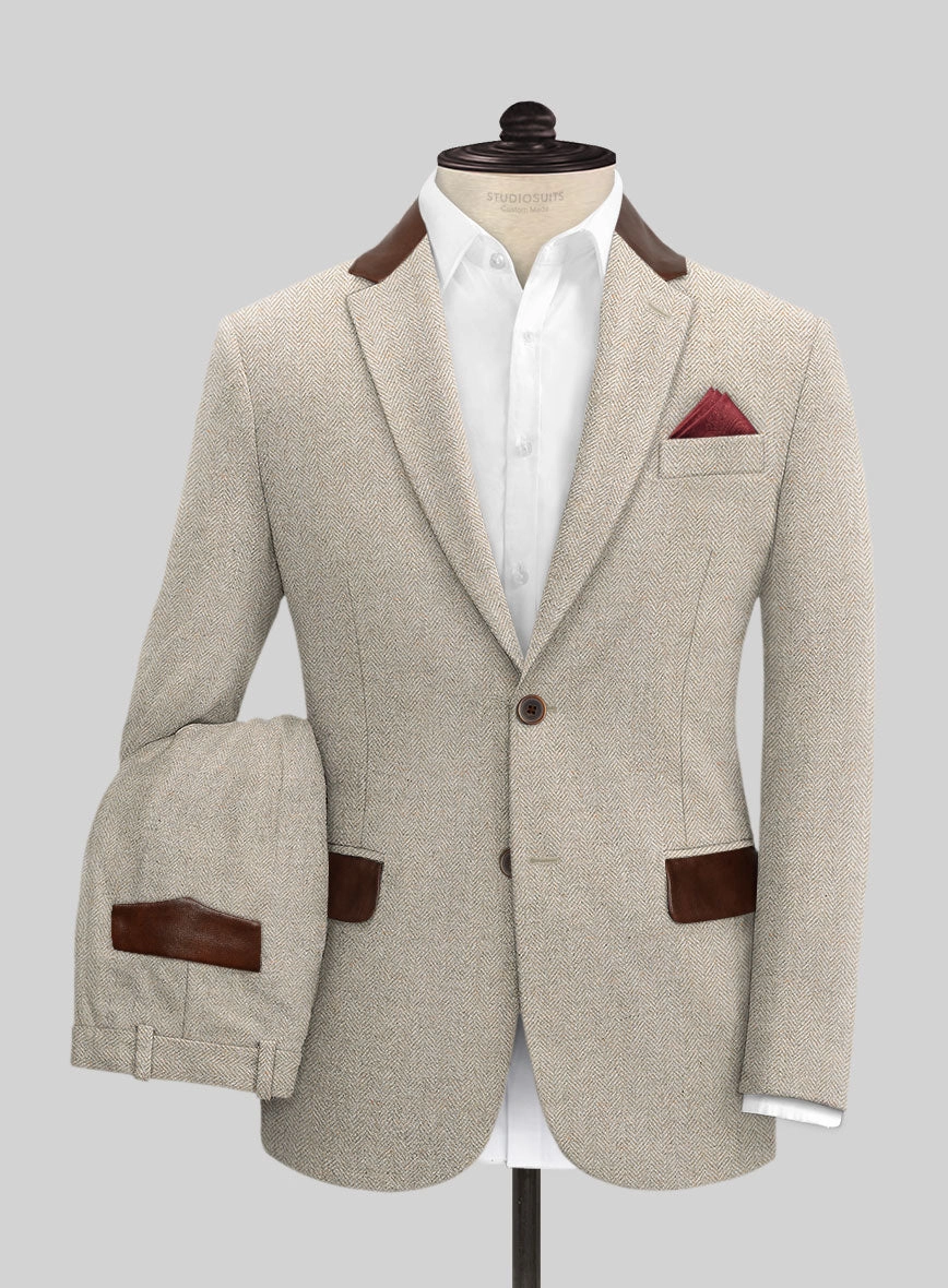 Vintage Herringbone Light Beige Tweed Suit - Leather Trims